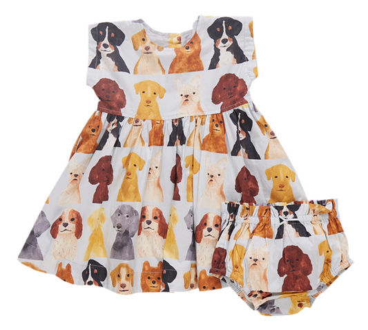 Adaline Dress Set - Light Blue Watercolor Dogs