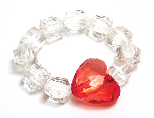 Rock Candy Stretch Bracelet with Heart - Clear/Red