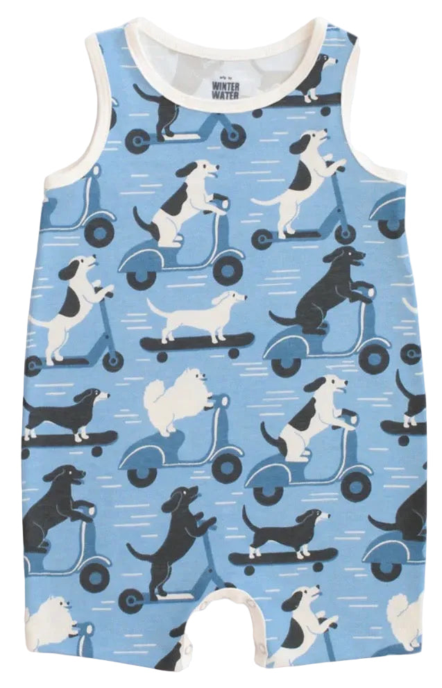 Tank Top Romper - Dogs on Scooters Blue