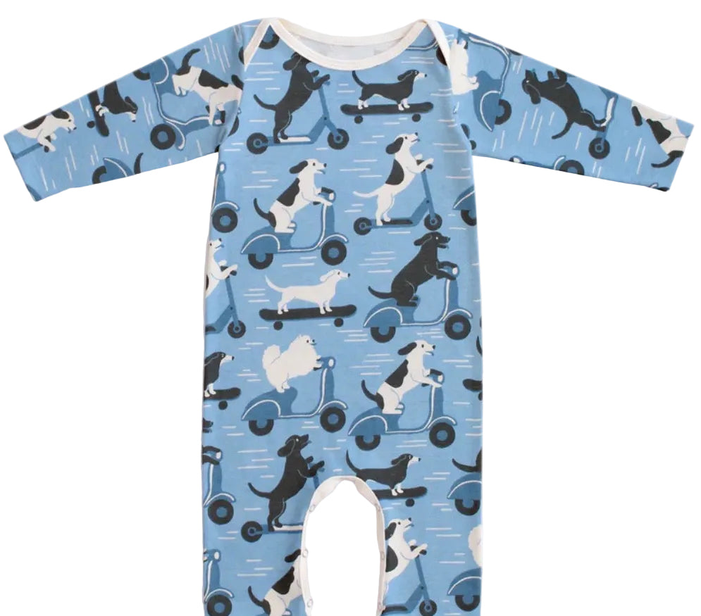 Footed Romper - Dogs on Scooters Blue