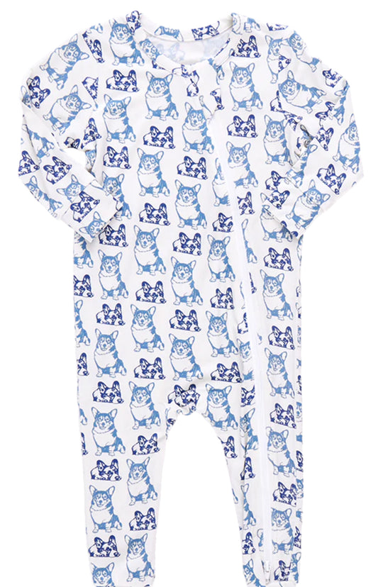 Baby Bamboo Romper - Blue Corgis