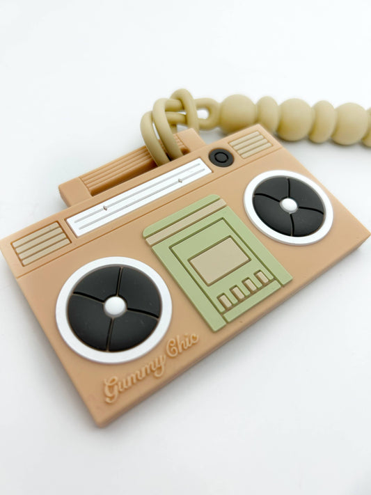 Silicone Boom Box Teether with Clip - Oatmeal