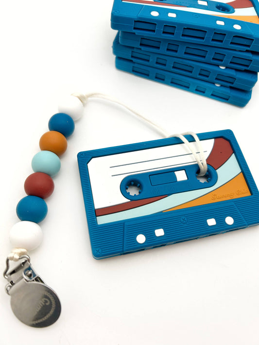 Cassette Tape Teether with Clip - Blue Retro