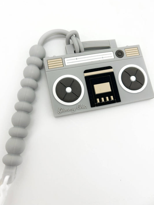 Silicone Boom Box Teether with Clip - Grey